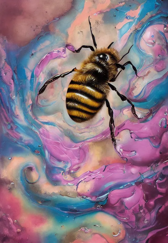 Prompt: a biomorphic painting of a bee, surrealist painting by krenz cushart and dorothea tanning, pastel blues and pinks, melting, plastic, skull, featured on artstation, tentacles, pink bees, metaphysical painting, oil on canvas, fluid acrylic pour art, airbrush art, concept art hyper realistic, rococo, lovecraftian