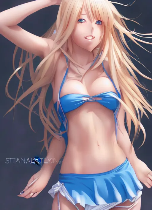 Image similar to a very beautiful young anime giantess from below, full body, long wavy blond hair, sky blue eyes, full round face, evil grin, bikini, miniskirt, front view, mid - shot, highly detailed, cinematic wallpaper by stanley artgerm lau