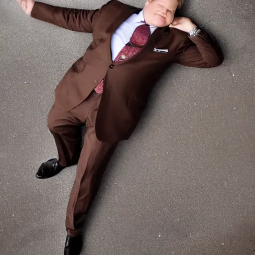 Image similar to Andy Richter is wearing a chocolate brown suit and necktie. Andy is lying flat on a concrete ground. Ariel view.