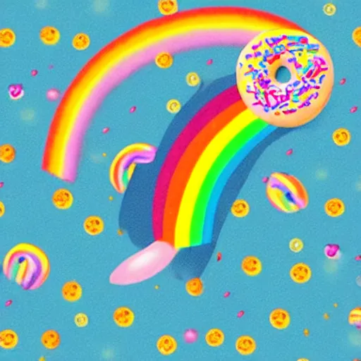 Image similar to cat with a pop sprinkle doughnut body flying though space shooting rainbows