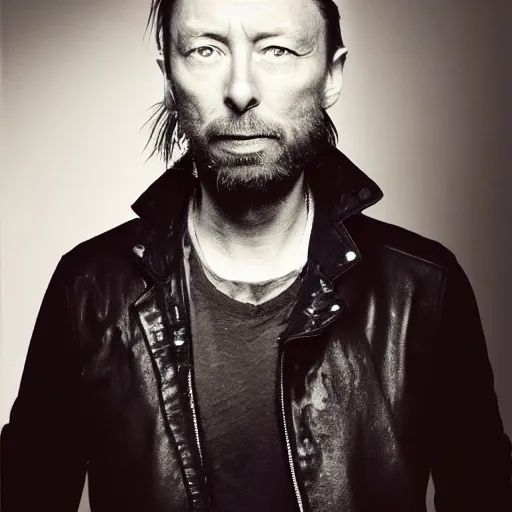 Image similar to Thom Yorke, a man with a beard and a black jacket, a portrait by John E. Berninger, dribble, neo-expressionism, uhd image, studio portrait, 1990s