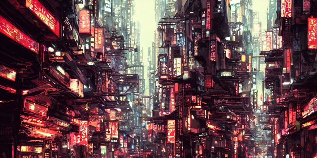 Image similar to cinematic high contrast graphic illustration of a hyper detailed street in neo tokyo by greg rutkowski
