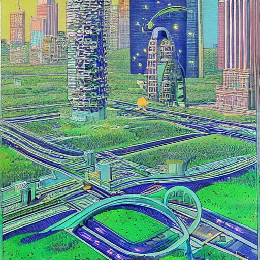 Image similar to City of the future in harmony with nature. Beautiful detailed painting by moebius (1975).