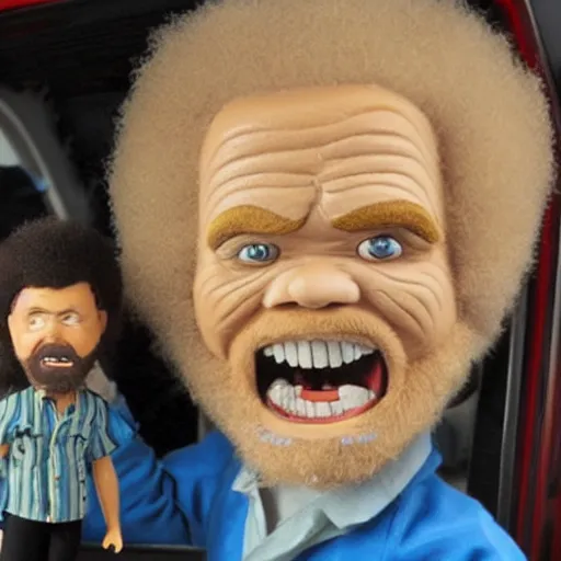 Image similar to a screaming angry bob ross doll in rear view mirror