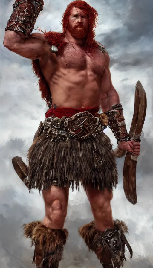 Prompt: bulky muscular scottish warrior with red hair and a kilt, tribal blood red war paintings on his chest, bronze plate armor, 4 k oil on linen by wlop, artgerm, andrei riabovitchev, nuri iyem, james gurney, james jean, greg rutkowski, highly detailed, soft lighting 8 k resolution