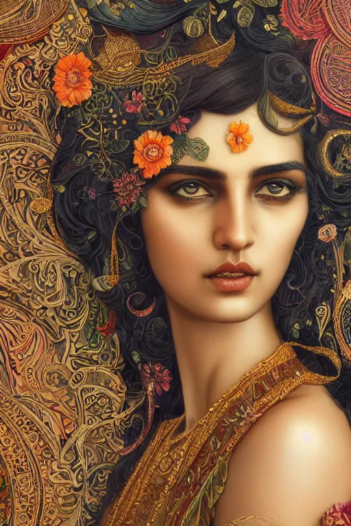 Image similar to a stunning ultradetailed illustration of an indian woman with epic wavy hair surrounded by paisleys and art nouveau floral patterns, by vania zouravilov and tom bagshaw, deep depth of field, studio lighting, golden ratio composition, 3 5 mm lens, very detailed, 8 k, artstation