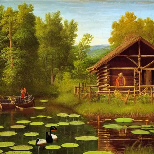 Image similar to two small log cabins on the edge of an idyllic lake that has many lily pads and brightly colored ducks on its surface, behind the cabins there is a small farm plot and a large deciduous forest, people can be seen tending to the area around the cabins, renaissance painting, high quality