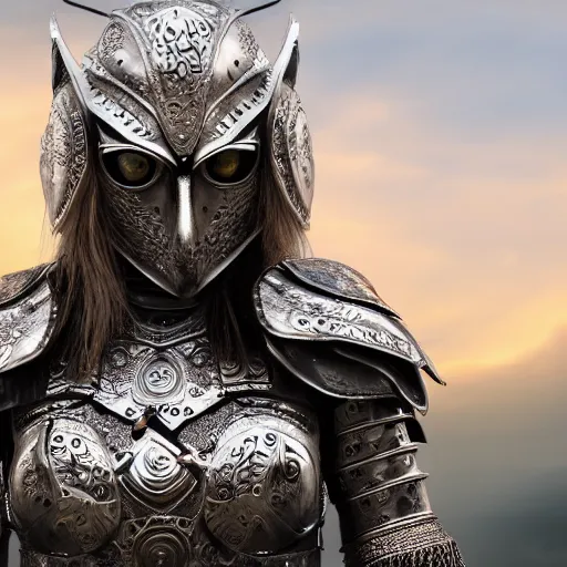 Image similar to female warrior wearing metal owl armour, highly detailed, 4k, HDR, smooth, sharp focus, hyper realistic, high resolution