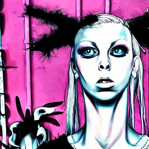 Image similar to die antwoord yolandi portrait, zef design graffiti in the background, dark lighting, punk style anime art