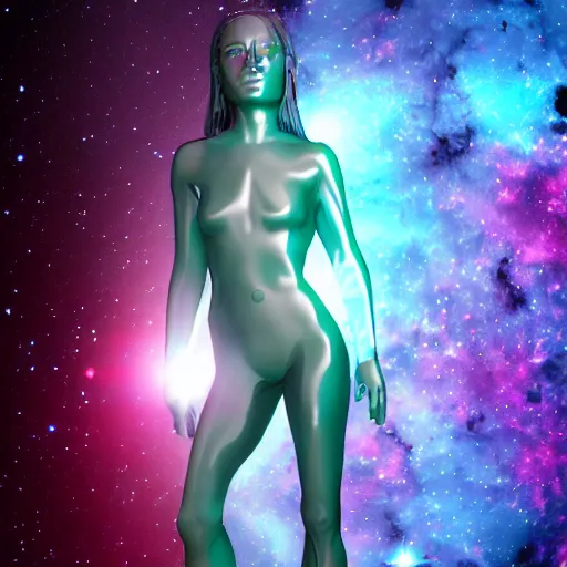 Image similar to transparent interdimensional woman made of nebula in space with hubble background, vray, 5 5 mm