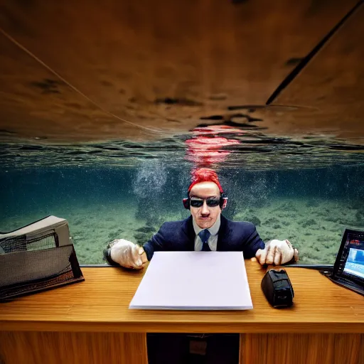 Prompt: photo of someone working at an office desk, underwater, cinematic