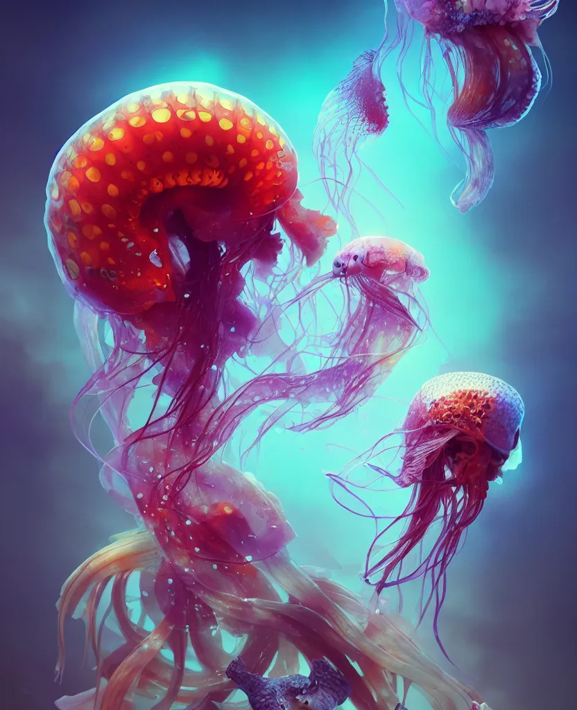 Prompt: human thorax, jellyfish phoenix head, nautilus, orchid, skull, betta fish, bioluminiscent creatures, intricate artwork by Tooth Wu and wlop and beeple. octane render, trending on artstation, greg rutkowski very coherent symmetrical artwork. cinematic, hyper realism, high detail, octane render, 8k