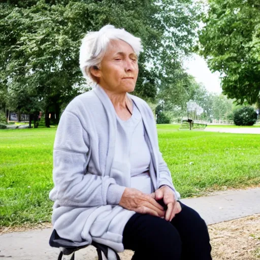 Image similar to an older woman sitting in a park wearing a small oxygen cannula under her nose, 4 k,