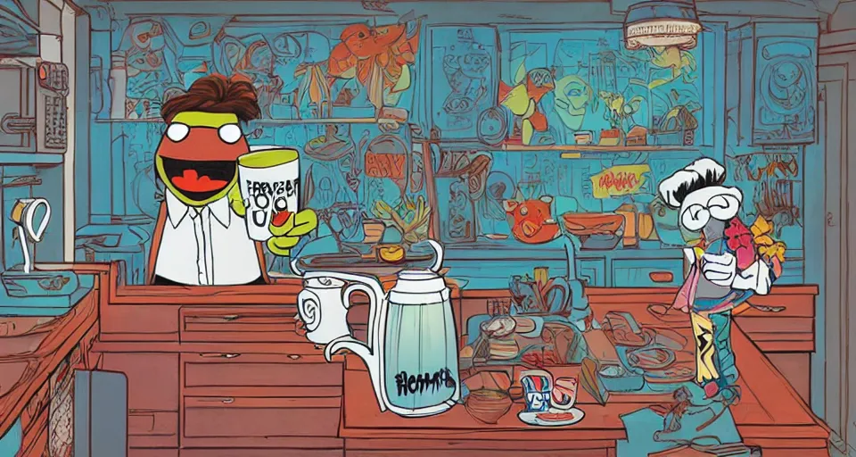 Prompt: a muppet holding a comically large cup of coffee in a 1 9 7 0 s era kitchen, in the style of hownosm and james jean, ultimate collab, epic, digital art, 3 d, h 9 6 0