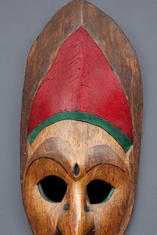 Prompt: a flat carved wooden elf mask face, staring eyes, vividly coloured, highly detailed, vintage european folk art, colour photograph