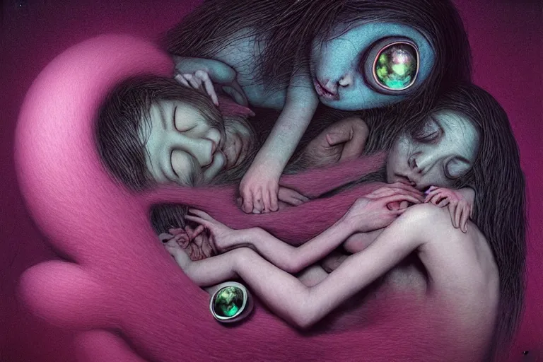 Image similar to Keeping you sane, And you fade away just enough, You felt the edge again, You took two pills And you fell asleep, Hugging six rabbits And having pink nightmares, concept art, trade on artstation, sharp focus, psychedelic, by Yoshitaka Amano, Mark Ryden, Zdzisław Beksiński, Extremely high detail, realistic, fantasy art, masterpiece, Hyperrealism. Subsurface scattering. Octane Render. Weirdcore