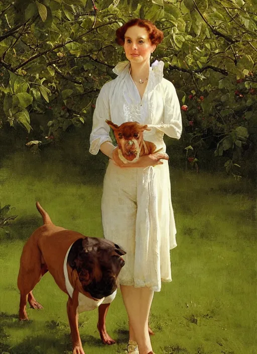 Image similar to illustration full body portrait of elegant slim mature woman standing beside staffordshire bull terrier in orchard, by norman rockwell, roberto ferri, daniel gerhartz, tom lovell, dean cornwell