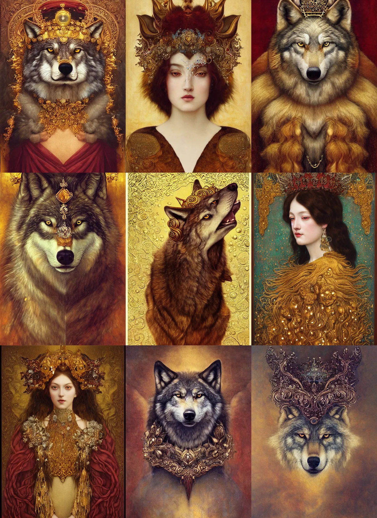 Prompt: “ a majestic portrait of a wolf wearing a crystal crown, titian, tom bagshaw, yanjun chengt, maxfield parrish, gustav klimt, highly detailed, intricate ornamental flourishes, brown red and gold ”