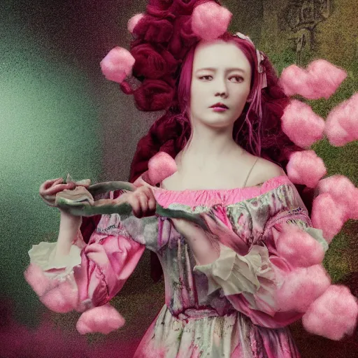 Image similar to 8 k, octane render, realism, tonalism, renaissance, rococo, baroque, cotton candy, creepy young lady wearing long harajuku manga dress with flowers and skulls ( background chaotic flowers )