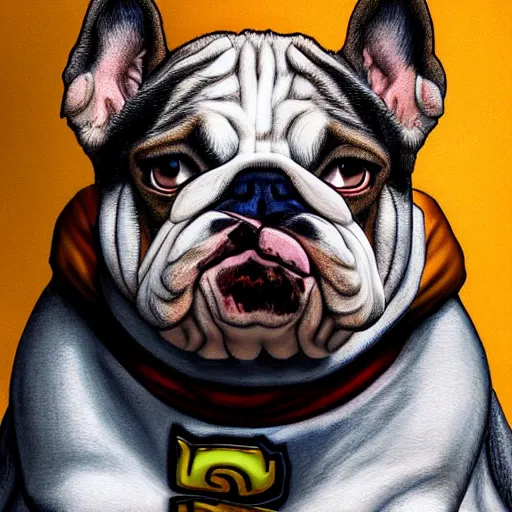 Image similar to ultra realistic portrait painting of a bulldog as super saiyan goku, art by akira toriyama, 4 k, dragon ball artstyle, cel shaded, highly detailed, epic lighting