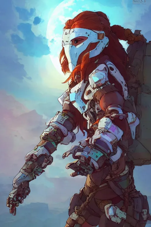 Image similar to combination suit armor aloy horizon forbidden west horizon zero dawn robot ninja mask helmet backpack tribal, art gta 5 comics, official fanart behance hd artstation by jesper ejsing, by rhads, makoto shinkai and lois van baarle, ilya kuvshinov, ossdraws radiating a glowing aura cgi rtx 2 0 2 2