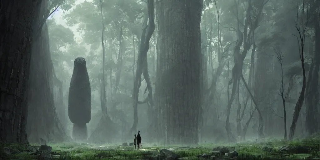 Prompt: An enormous stone golem walks through a tranquil and serene forest, digital art by Greg Rutkowski and Studio Ghibli