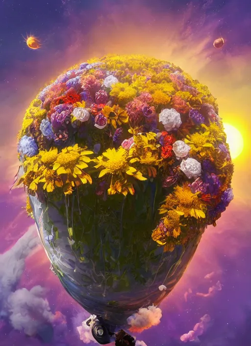 Image similar to An epic fantastic realism comic book style painting of the most beautiful flowers launched into space, bouquets, solar eclipse, fisheye, unreal 5, DAZ, hyperrealistic, octane render, dynamic lighting