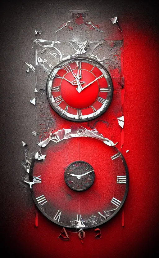 Image similar to a melting Roman numeral clock, behind a red and black gradient background, awith a black heart shaped on the top left corner and a black diamond card shape in the bottom right corner, dynamic lighting, photorealistic fantasy concept art, trending on art station, stunning visuals, cinematic, creative, ultra detailed