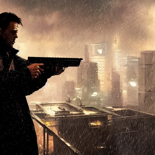 Image similar to a man holding a gun in a cyberpunk city the background is the cyberpunk city and it's raining close - up shot by greg rutkowski