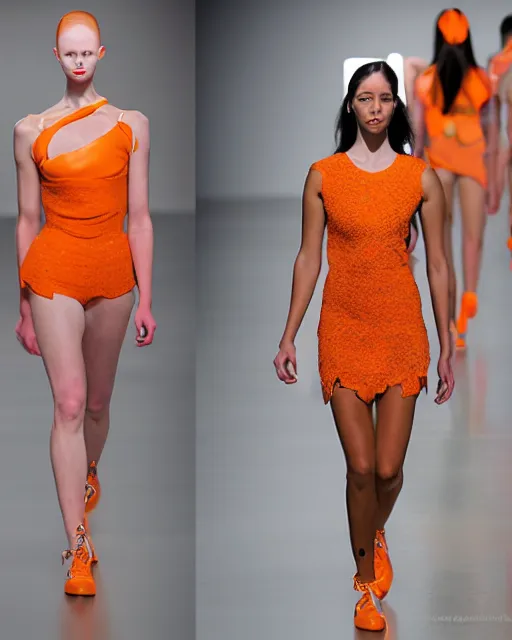 Image similar to multi panel storyboard of olivia wearing an outfit made of orange peels, runway model at new york fashion week, sporty physique, black hair, freckles, pale skin, half body shot, photo by greg rutkowski, stage lighting, soft colors, female beauty, intricate detail, elegance, 3 5 mm, depth of field, masterpiece