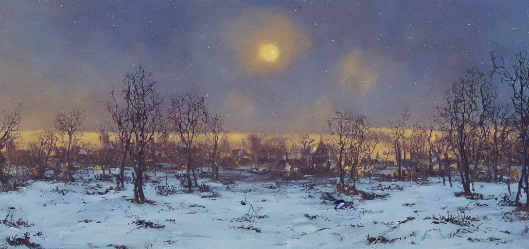 Prompt: a painting of a small village on stilts, snowy field with scattered trees, by Paul Lehr,