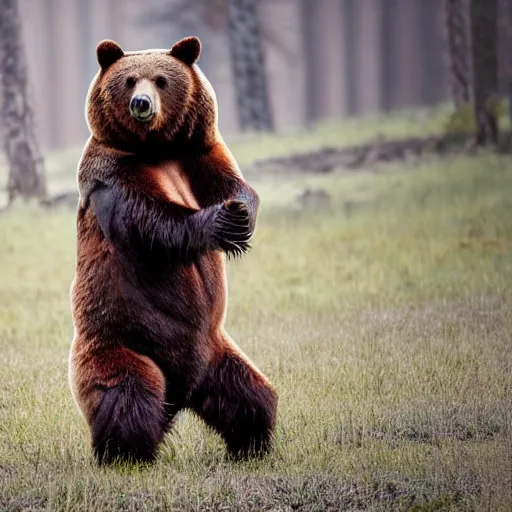 Image similar to a bear standing on two legs. The bear has a head of an owl, 8k, ultrarealistic, professional photography