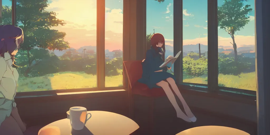 Image similar to Girl reading in a window seat in a coffee shop at sunset cinematic lighting, style by Makoto Shinkai