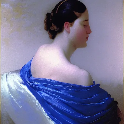 Image similar to a young woman's face in flowing sheets of cobalt blue gold chrome silver satin, by ivan aivazovsky syd mead moebius roger dean donato giancola michael whelan yoshitaka amano jan de heem pieter claesz paul delaroche alma tadema aelbert cuyp willem claesz isaac levitan, hyperrealistic volumetric light render