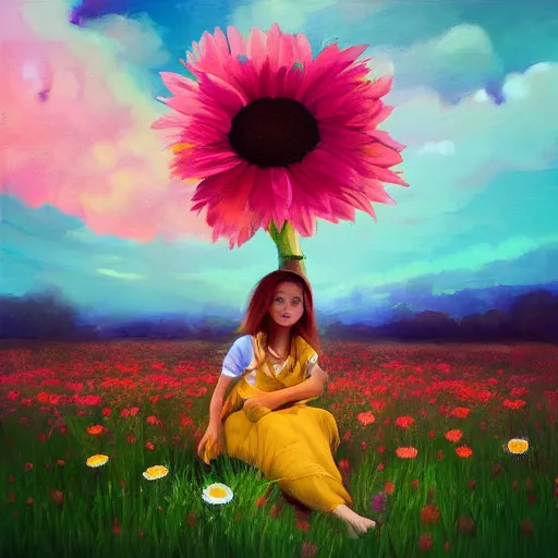 Image similar to giant daisy flower head, girl sitting in a flower field, surreal photography, sunrise, dramatic light, impressionist painting, colorful clouds, digital painting, artstation, simon stalenhag