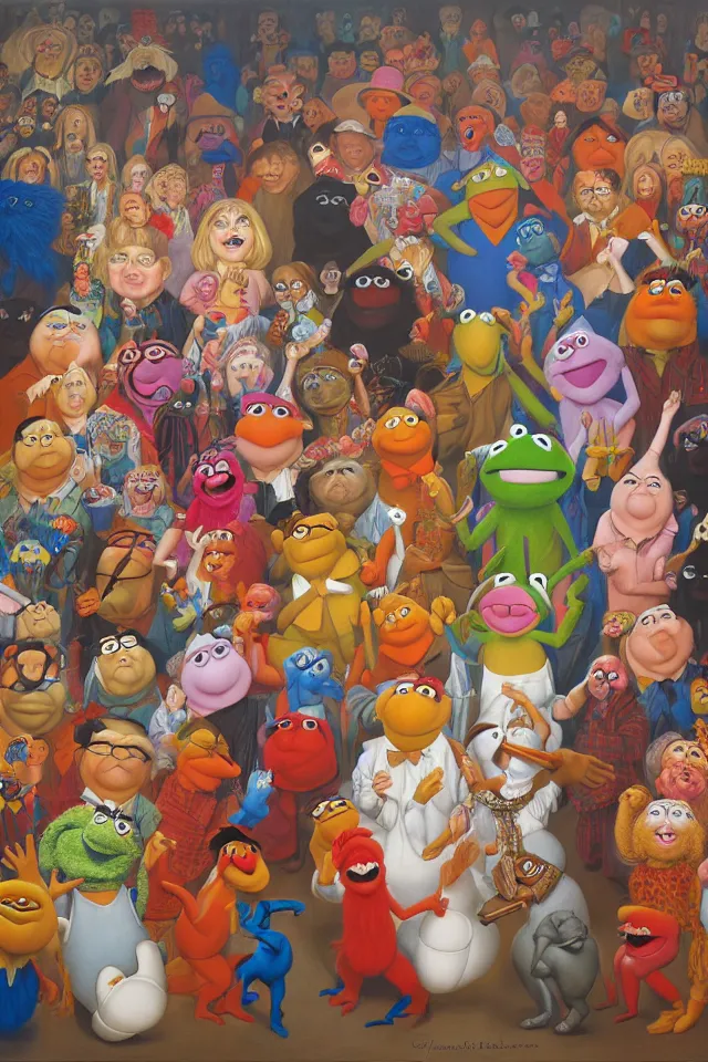 Prompt: painting of the muppet show character animal groove is in the heart, we're going to dance and have some fun, painted by james jean and fernando botero