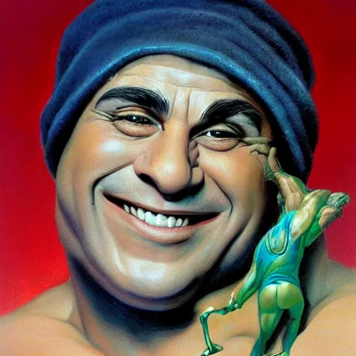 Image similar to portrait of the face of danny devito smiling sly intricate detailed by boris vallejo