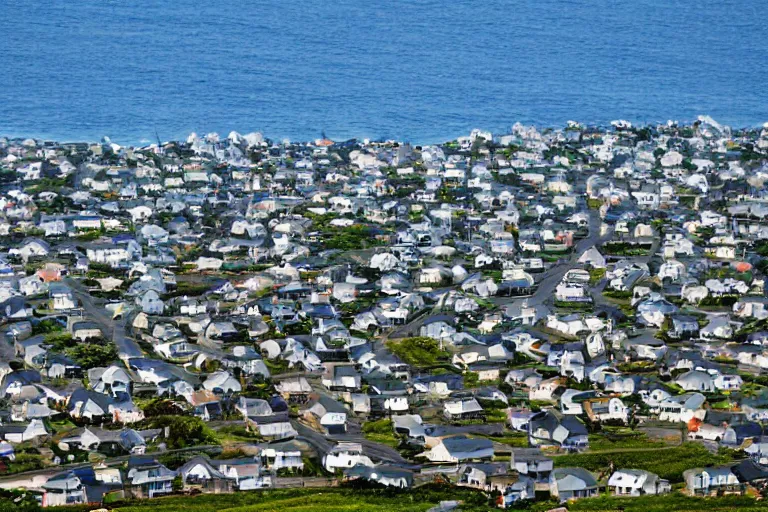 Image similar to loking down road, infinite houses lining the road, ocean, with the biggest town in the world, telephoto lens compression