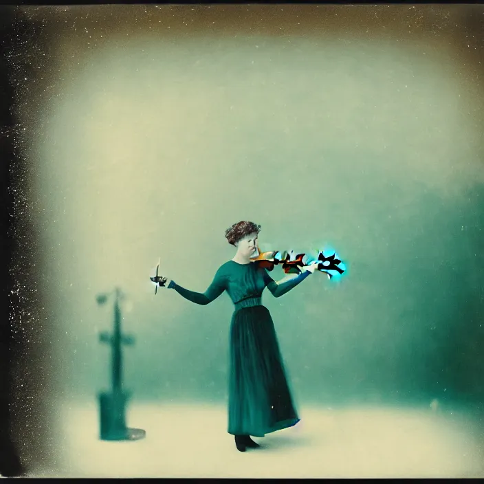 Image similar to orchestra, kodak portra 4 0 0, wetplate, muted colours, teal orange, 1 9 1 0 s style, motion blur, portrait photo of a backdrop, sparkling, stargazer, snow, fog, by georges melies and by britt marling