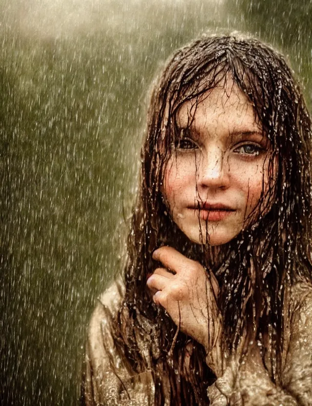 Prompt: wet long hair very beautiful happy peasant girl under the rain, country style, portrait, Cinematic focus, Polaroid photo, vintage, neutral colors, soft lights, foggy, by Steve Hanks, by Serov Valentin, by lisa yuskavage, by Andrei Tarkovsky 8k render, detailed, oil on canvas