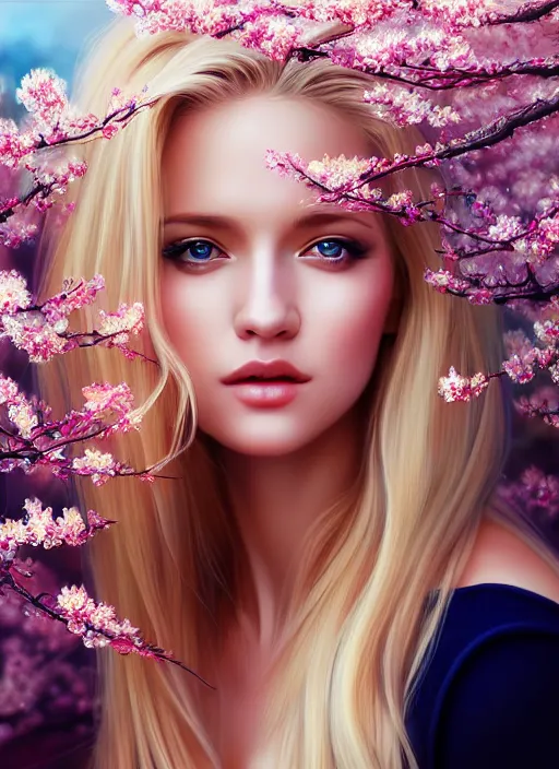 Image similar to photo of a gorgeous blonde female in the style of stefan kostic, realistic, half body shot, sharp focus, 8 k high definition, insanely detailed, intricate, elegant, art by stanley lau and artgerm, extreme blur cherry blossoms background