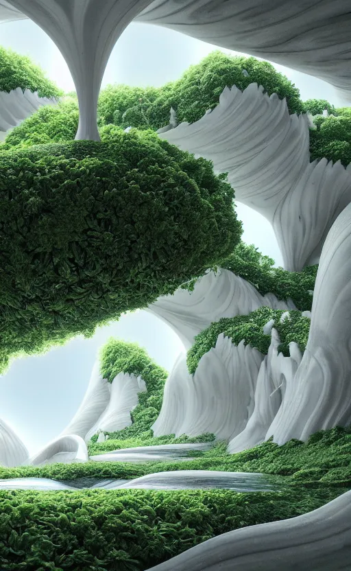 Image similar to highly detailed ultra sharp 3 d render cinematic composition of a smooth ceramic porcelain magnolia stone white fluid fractal sci - fi surreal architecture landscape, marble, magnesium, vining foliage blooms, archviz, vincent callebaut composition, mamou - mani, beautiful lighting, 8 k, unreal engine, hdr, dof