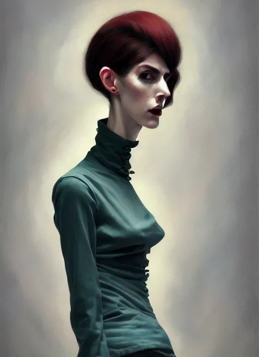 Image similar to portrait of a lanky woman with a crooked nose and a confident expression, 1 9 6 0 s, colorful clothes, goth, punk, funk, intricate, elegant, highly detailed, digital painting, artstation, concept art, smooth, sharp focus, illustration, art by wlop, mars ravelo and greg rutkowski
