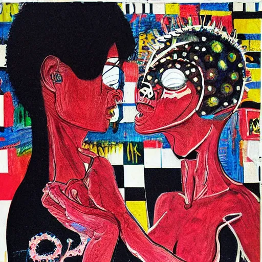 Prompt: beautiful painting of two bizarre psychedelic women kissing each other closeup in tokyo in winter, speculative evolution, mixed media collage by basquiat and junji ito, magazine collage art, paper collage art, sapphic art, lesbian art