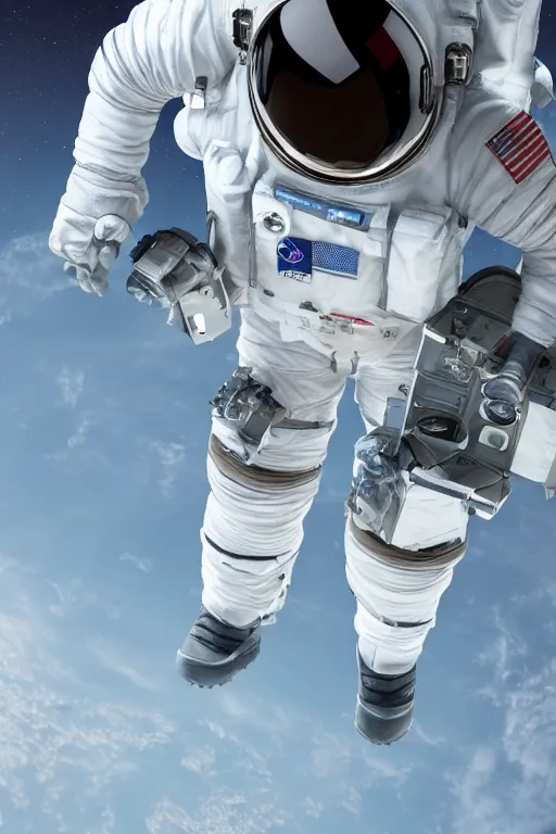 Image similar to a bottom view of a walking astronaut, low - angle view, photography, out - space background, cinematic lighting, 8 k