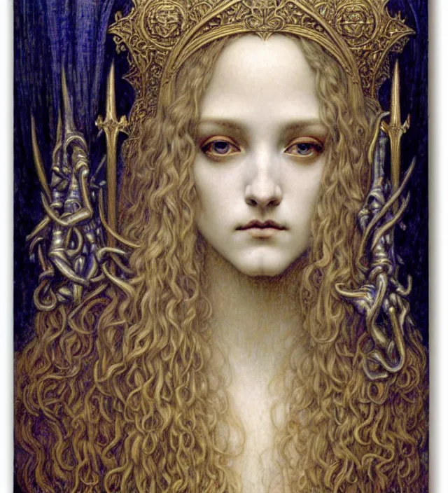 Image similar to detailed realistic beautiful young medieval queen face portrait by jean delville, gustave dore and marco mazzoni, art nouveau, symbolist, visionary, gothic, pre - raphaelite. horizontal symmetry