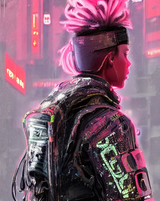 Image similar to detailed portrait Neon guard boy with long straight blonde hair seen from the back, cyberpunk futuristic, reflective puffer jacket, black leggings, decorated with traditional ornaments in front of a dystopian crowd with piles of garbage by Ismail inceoglu dragan bibin hans thoma, Perfect face, fine details, realistic shaded, fine-face, pretty face