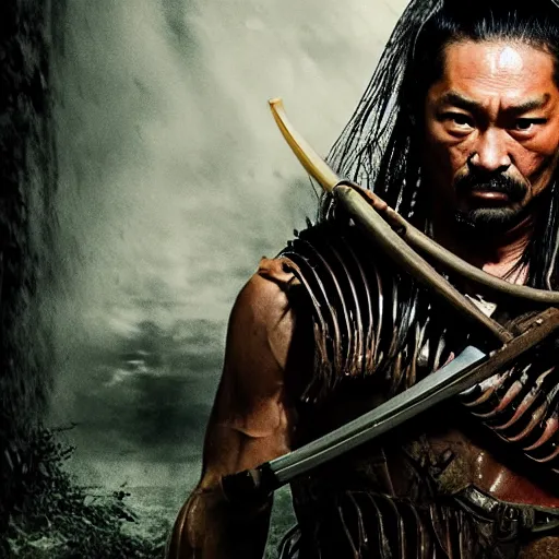 Image similar to movie poster for predator film shot in feudal japan staring hiroyuki sanada as a disgraced ronin, who hunts down the predator after he fails to protect his master from it