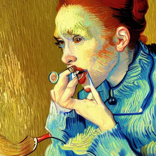 Prompt: digital painting of woman brushing teeth by Van Gogh, trending on Artstation, masterpiece, hyperdetailed