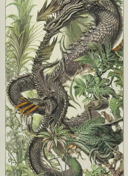 Prompt: dragon in a tropical forest, john james audubon, ernst haeckel, intaglio, sharp focus